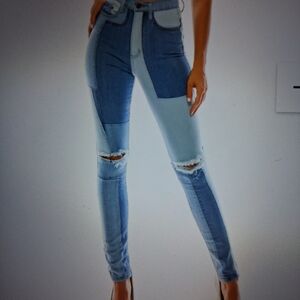 Aphrodite Two-Tone Patchwork Skinny Jeans - Light & Dark Blue